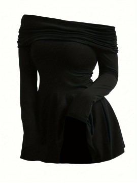 [Plus Size Party Dress] Plus Size Elegant Formal Party Dress | Flared Skirt, Offshoulder Neckline, Black Evening Gown for Women | Machine Washable, Comfortable Fit, Stylish Outfit, Fashion Lovers, Special Occasion, Everyday Outfits