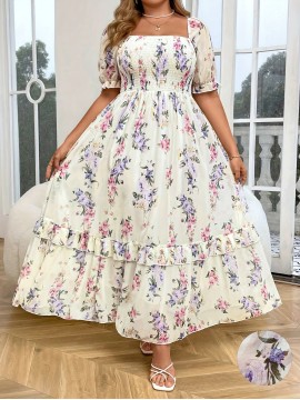 [Floral Print Dress] Plus Size Elegant Floral Print Midi Dress with Puff Sleeves and Ruched Waist - White with Pink and Purple Flowers, Perfect for Casual Outings