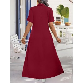 Elegant Plus Size French-Inspired Summer Dress • Waist-Cinching • Short Sleeves • Zipper Detail • Solid Color • Pockets • Flowy Skirt