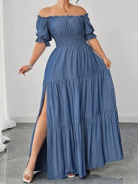 [Plus Size Elegant Party Dress] Elegant Plus Size Women's Off-the-Shoulder/One-Shoulder Party Dress | Formal/Evening Gown, Machine Washable Non-See-Through Fabric, Flared Hem Maxi Dress for Formal Events, Galas, Everyday Evening Outfits YZ302