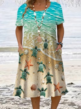 Plus Size Women's Tropical Marine Life Print Casual Dress - Soft Breathable Fabric, Loose Fit with Pockets, Vibrant Starfish & Turtle Design, Machine Washable for Spring Summer Fall Beach Outings, Beach Dress, Summer Outfit, Relaxed Fit