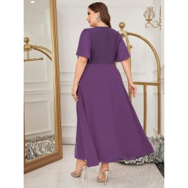 Plus Size - 2025 New Plus-Size Women'S Summer Dress with a Waist-Cinching Design That Flatters The Figure, Elegantly Concealing The Belly, Featuring a Stylish Faux Two-Piece A-Line Silhouette.