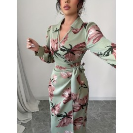 Plus Size, Women's Floral Print maxi Dress - Elegant V-Neck Long Formal & Casual Dresses, Non-Stretchy Fabric, Machine Washable for Wedding, Party, Everyday Outfits - Plus Size Friendly, Cute Dresses