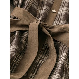 [Elegant Plaid Dress] Plus Size Elegant Women's Plaid Long Sleeve Dress | Brown & Beige Checkered Pattern, Contrast Collar, Button-Up Front, Flowy A-Line Silhouette - Perfect for Spring/Fall Casual or Formal Occasions, Polyester Fabric