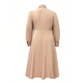 [Plus Size Elegant Maxi Dress] Elegant Plus Size Women's Beige Formal & Everyday Maxi Dress - Long Sleeve Flowy A-Line Skirt for Office, Parties, Casual Outfits | HRF194 | Quality Fabric, Professional Women