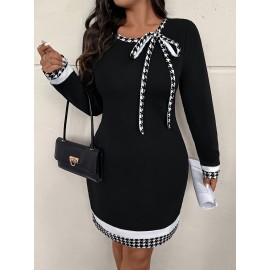 [Elegant Houndstooth Tunic Dress] Plus Size Elegant Houndstooth Tunic Dress - Crew Neck Long Sleeve Polyester 95% Spandex 5% Stretch Knit Fabric with Bow Detail - 200g/m² for Spring/Summer/Fall