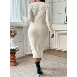 Plus Size, Plus Size Women's Solid Color Long Sleeve Midi Dress