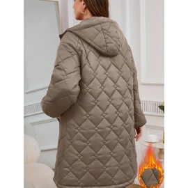 Women's Elegant Quilted Hooded Jacket with Zipper Closure - Large Square Pattern, Machine Washable, All-Season Versatile Outerwear for Casual & Formal Wear, Formal Coat, Easy Maintenance Coat