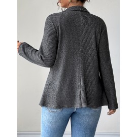 [Plus Size Cardigan] Plus Size - Women's Elegant Casual Cardigan - Long Sleeve, Asymmetrical Hem, Button- Front, Button Closure, Medium Stretch, Solid Color, Perfect for Fall/Winter, Casual Wear Cardigan | Asymmetrical Hemline | Button Closure Coat