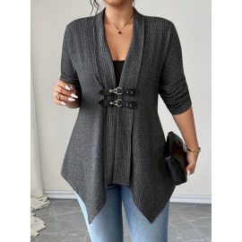 [Plus Size Cardigan] Plus Size - Women's Elegant Casual Cardigan - Long Sleeve, Asymmetrical Hem, Button- Front, Button Closure, Medium Stretch, Solid Color, Perfect for Fall/Winter, Casual Wear Cardigan | Asymmetrical Hemline | Button Closure Coat