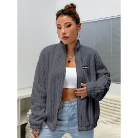 Plus Size, Plus Size Women's Elegant Casual Double-Faced Fleece-Lined Jacket with Ribbed Cuffs & High Neck, 100% Polyester Machine-Washable All-Season Outerwear, Black