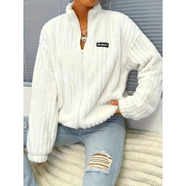 Plus Size, Plus Size Women's Elegant Casual Double-Faced Fleece-Lined Jacket with Ribbed Cuffs & High Neck, 100% Polyester Machine-Washable All-Season Outerwear, Black