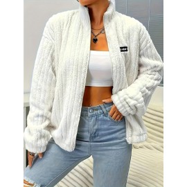 Plus Size, Plus Size Women's Elegant Casual Double-Faced Fleece-Lined Jacket with Ribbed Cuffs & High Neck, 100% Polyester Machine-Washable All-Season Outerwear, Black