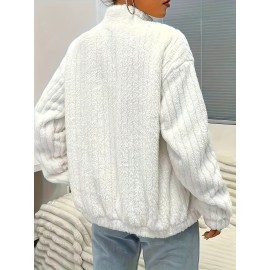 Plus Size, Plus Size Women's Elegant Casual Double-Faced Fleece-Lined Jacket with Ribbed Cuffs & High Neck, 100% Polyester Machine-Washable All-Season Outerwear, Black