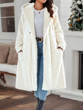 Plus Size - Women'S Plush Fleece-Lined Hooded Coat - Cozy Double-Breasted Mid-Length Winter Coat with Fluffy Lining, Elegant Solid Color Design for Fall/Winter, Warm & Stylish Outerwear, Winter Coats, Fall Fashion, Soft Texture