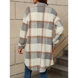 Women's Casual Plaid Faux Fur Coat with Button Front & Lapel Collar - Machine Washable All-Season Outerwear Beige/White/Brown/Gray/Black, Casual Attire, Stylish Jacket, Cozy Fabric, Buttonup Jacket, Fashion Lovers