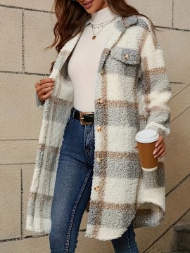 Women's Casual Plaid Faux Fur Coat with Button Front & Lapel Collar - Machine Washable All-Season Outerwear Beige/White/Brown/Gray/Black, Casual Attire, Stylish Jacket, Cozy Fabric, Buttonup Jacket, Fashion Lovers