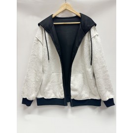 Plus Size Women's Cozy Fleece-Lined Jacket with Hood - Solid Color, Drawstring, Long Sleeves & Zipper - Perfect for Fall/Winter Warmth