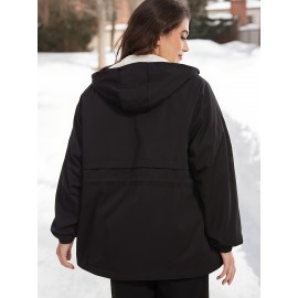 Plus Size - Plus Size Women'S Winter Parka with Drawstring Waist & Hood - Warm Polar Fleece Lined Coat, Casual Black Bomber Jacket for Cold Weather, Winter Parka, Snowy Day Attire, Flared Hem Coat, Nonstretch Fabric