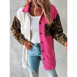Plus Size, Plus Size Women's Oversized Coat - White & Mustard-Yellow Lapel Collar Jacket with Leopard Print Sleeves, Lapel Button-Front Blazer, Structured All-Season Outerwear (Machine Washable) for Casual & Professional Wear