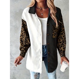 Plus Size, Plus Size Women's Oversized Coat - White & Mustard-Yellow Lapel Collar Jacket with Leopard Print Sleeves, Lapel Button-Front Blazer, Structured All-Season Outerwear (Machine Washable) for Casual & Professional Wear