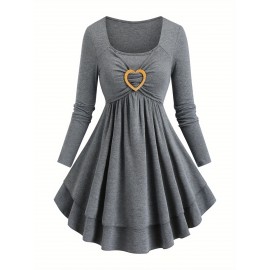 Women'S Elegant Long Sleeve Top with Heart Detail - Casual, Layered, Round Neck, Solid Color, Perfect for Spring and Fall, Casual Attire|Heart Detail Top|Layered Design