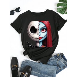 Women'S Casual Graphic T-Shirt - Black Short Sleeve Round Neck Tee with Jack Skellington & Sally Design, Stretchy Polyester Blend, Perfect for Spring/Summer/Fall, Casual Wear | Playful Design | Stretchy Fabric