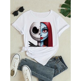 Women'S Casual Graphic T-Shirt - Black Short Sleeve Round Neck Tee with Jack Skellington & Sally Design, Stretchy Polyester Blend, Perfect for Spring/Summer/Fall, Casual Wear | Playful Design | Stretchy Fabric