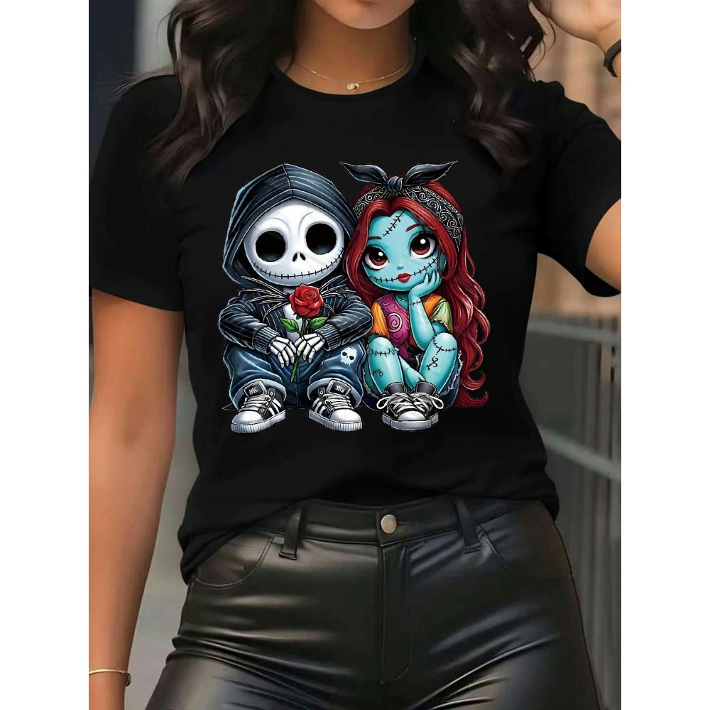 [Jack Skellington | Sally] Women's Jack Skellington & Sally Graphic Print T-Shirt | Casual Short Sleeve, Soft Stretch Round Neck, Machine Washable | The Nightmare Before Christmas Gift, Seasonal Comfortable Everyday Shirt