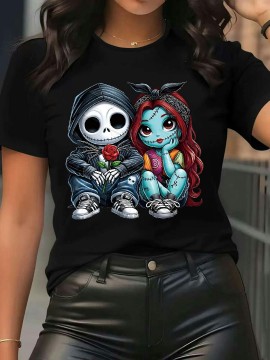 [Jack Skellington | Sally] Women's Jack Skellington & Sally Graphic Print T-Shirt | Casual Short Sleeve, Soft Stretch Round Neck, Machine Washable | The Nightmare Before Christmas Gift, Seasonal Comfortable Everyday Shirt