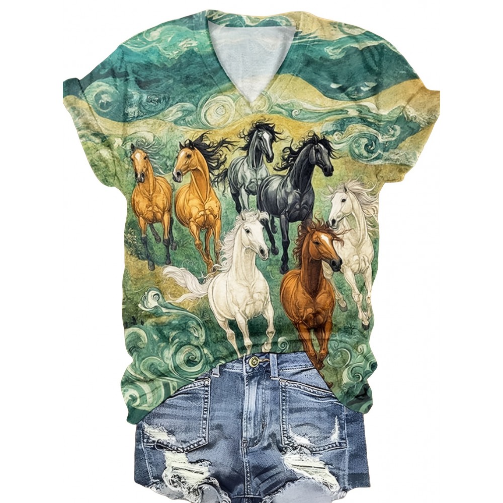 Women'S Casual V-Neck Short Sleeve T-Shirt with Horse & Swirl Print - Relaxed Fit All-Season Comfort, Vibrant Colors, Breathable Fabric for Casual Attire