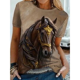Women's Casual Elegant Horse Graphic T-Shirt - Short Sleeve Round Neck Summer Top with Majestic Black Horse & Golden Bridle Design, Machine Washable Regular Fit, Horse Shirt, Comfortable Pullover, Regal Aesthetic Apparel, Detailed Digital Print