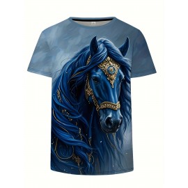Women's Casual Elegant Horse Graphic T-Shirt - Short Sleeve Round Neck Summer Top with Majestic Black Horse & Golden Bridle Design, Machine Washable Regular Fit, Horse Shirt, Comfortable Pullover, Regal Aesthetic Apparel, Detailed Digital Print