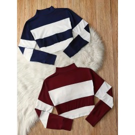 2pcs Set Color Block Spliced Short Sleeve Long T-Shirt Women's Crop Top High Neck Casual Chic New Style