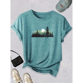 Women'S Casual Forest Print T-Shirt - Breathable Short Sleeve Crew Neck, Dopamine Design, Versatile Outdoor & Top for Spring/Summer/Fall, Forest Shirt