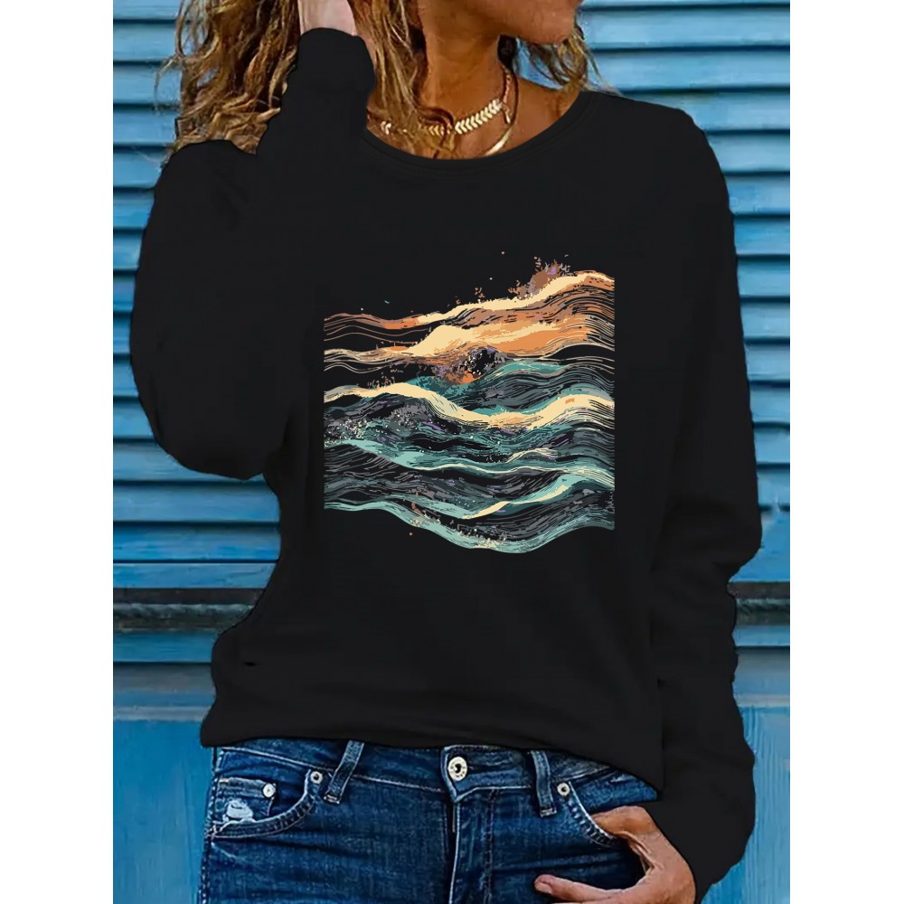 Women's West Coast Surf Gradient Tie-Dye Long Sleeve T-Shirt, Bright Yellow Crew Neck with Artistic Ocean Wave Print, Stretchy Polyester Blend, Casual Spring/Summer Sportswear, Machine Washable, Beach Wear