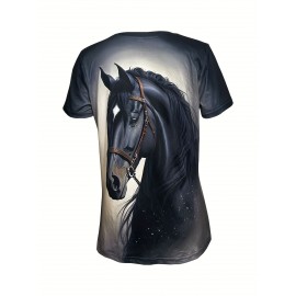 [95% Polyester T-Shirt] Polyester 95% Spandex 5% Women's Summer Casual Crew Neck T-Shirt | Animal Horse Print Short Sleeve Top, All Season Fashion, 175g/m² Lightweight - Perfect Gift for Mom