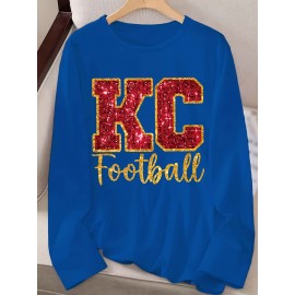 KC Football Long Sleeve Crew Neck T-Shirt - Casual, Alphabet Pattern, Regular Fit, Polyester Knit Fabric, All Seasons, No Belt, Long Sleeve, Regular Sleeve, No Chest Pad, Pullovers, Fabric Weight 180 g/m²