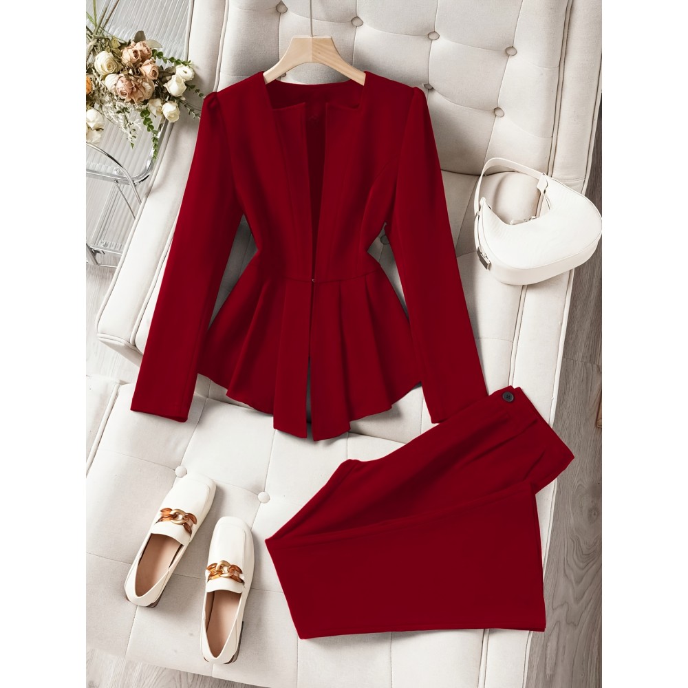 2pcs Set: Elegant Solid Color Ruffle Hem Blazer and Flared Pants, Casual Business Outfit