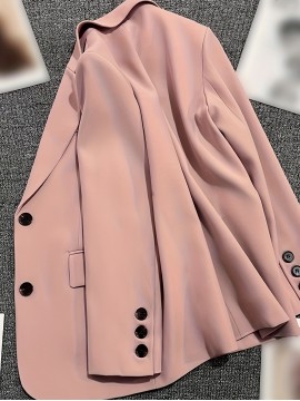 Elegant Pink Double-Breasted Blazer for Women - Versatile Office & Commuter Jacket with Pockets, Long Sleeve, Polyester, Perfect for All Seasons, Office Attire|Sleek Formal Attire|Polyester Blazer