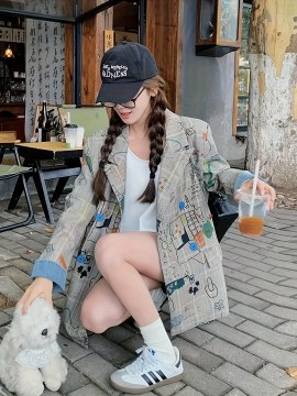 Women's Geometric Print Casual Coat - Loose Fit Mid-Length Jacket with Buttons, 100% Polyester, All-Season Versatile Outerwear