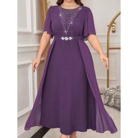 Plus Size - 2025 New Plus-Size Women'S Summer Dress with a Waist-Cinching Design That Flatters The Figure, Elegantly Concealing The Belly, Featuring a Stylish Faux Two-Piece A-Line Silhouette.