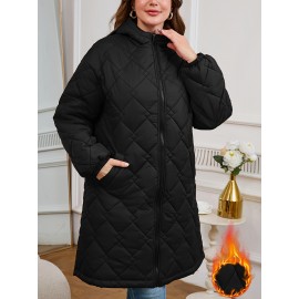 Women's Elegant Quilted Hooded Jacket with Zipper Closure - Large Square Pattern, Machine Washable, All-Season Versatile Outerwear for Casual & Formal Wear, Formal Coat, Easy Maintenance Coat
