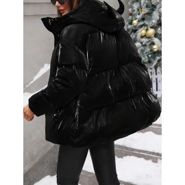 Plus Size - Plus Size Women'S Elegant Hooded Winter Coat - Warm Zip-Up Jacket with Long Sleeves, Solid Color Regular Fit for Cold Weather, Stylish Outdoor & Casual Wear, Winter Coats, Cold Weather Apparel, Sleek Design, Structured Design