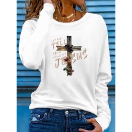 Floral Cross Print Women's Long Sleeve Crew Neck T-Shirt - 