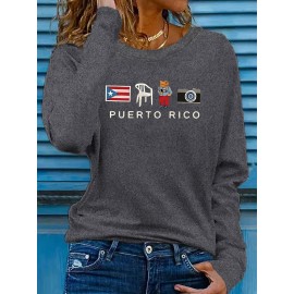 [Stretchy Puerto Rico T-Shirt] Stretchy Polyester Women's Puerto Rico Flag Cartoon Frog Graphic Long Sleeve T-Shirt | Casual Round Neck Top for Spring & Summer Vacation, Machine Washable, Playful Design