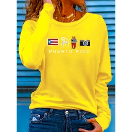 [Stretchy Puerto Rico T-Shirt] Stretchy Polyester Women's Puerto Rico Flag Cartoon Frog Graphic Long Sleeve T-Shirt | Casual Round Neck Top for Spring & Summer Vacation, Machine Washable, Playful Design