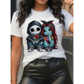 [Jack Skellington | Sally] Women's Jack Skellington & Sally Graphic Print T-Shirt | Casual Short Sleeve, Soft Stretch Round Neck, Machine Washable | The Nightmare Before Christmas Gift, Seasonal Comfortable Everyday Shirt
