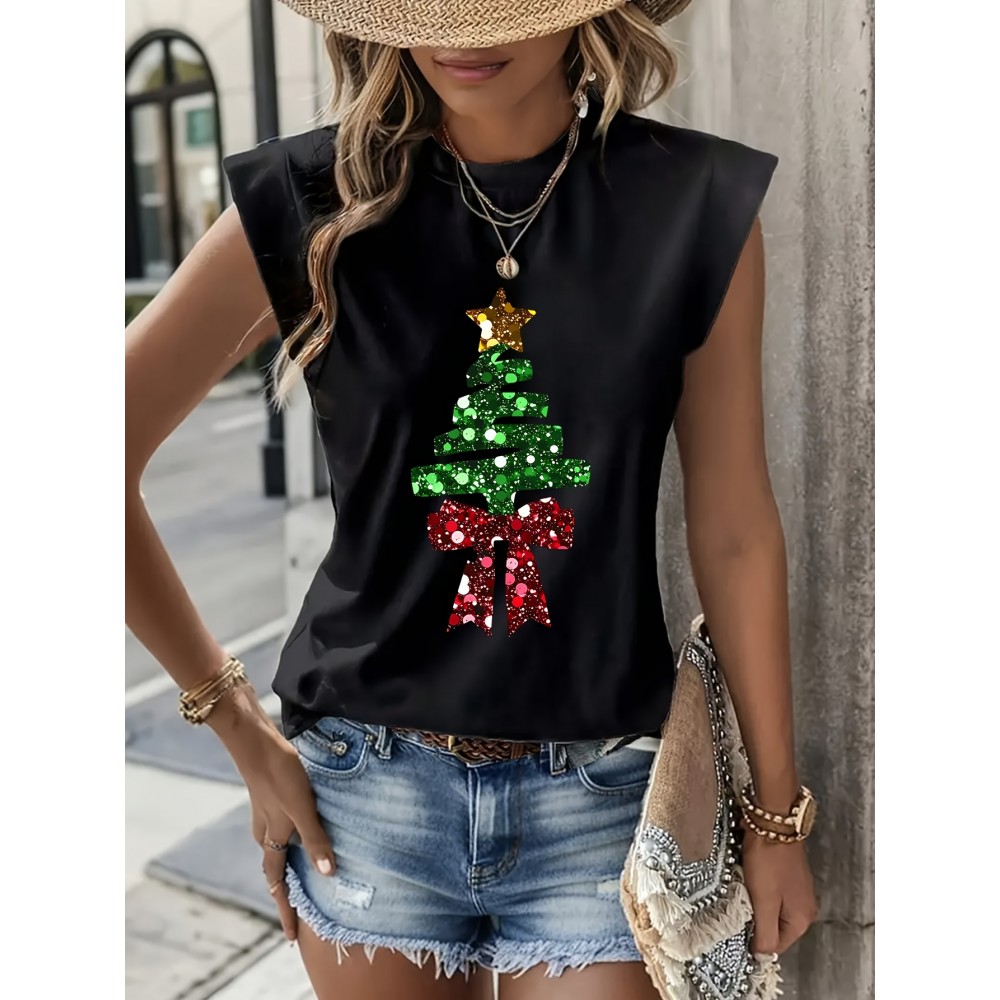 Holiday Cheer| Festive Yellow Christmas Tree Print T-Shirt for Women - Soft Stretch Fabric, Round Neck, Sleeveless Design with Glittery Star & Bow Detail, Machine Washable, Perfect for All Seasons, Christmas Garland