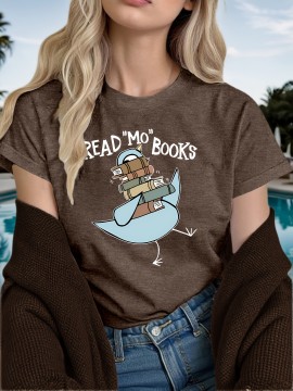 Women's Casual Short Sleeve T-Shirt - Read More Books Graphic Print with Piglets Like Doves Design, Soft Viscose Blend, Lightweight 180gsm, Maroon Book Lover Gift for Teachers & Readers, Machine Washable